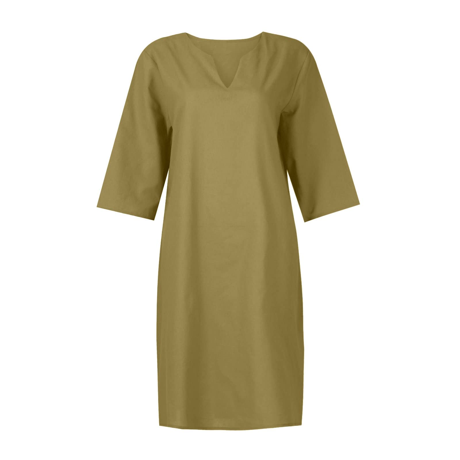 BAXLIMEK Women's Cotton Linen Summer Dress 2025 - Trendy Elegant Plain Beach Midi Dress with 3/4 Sleeves, Casual Boho Style for Vacation, Travel & Outdoor Activities