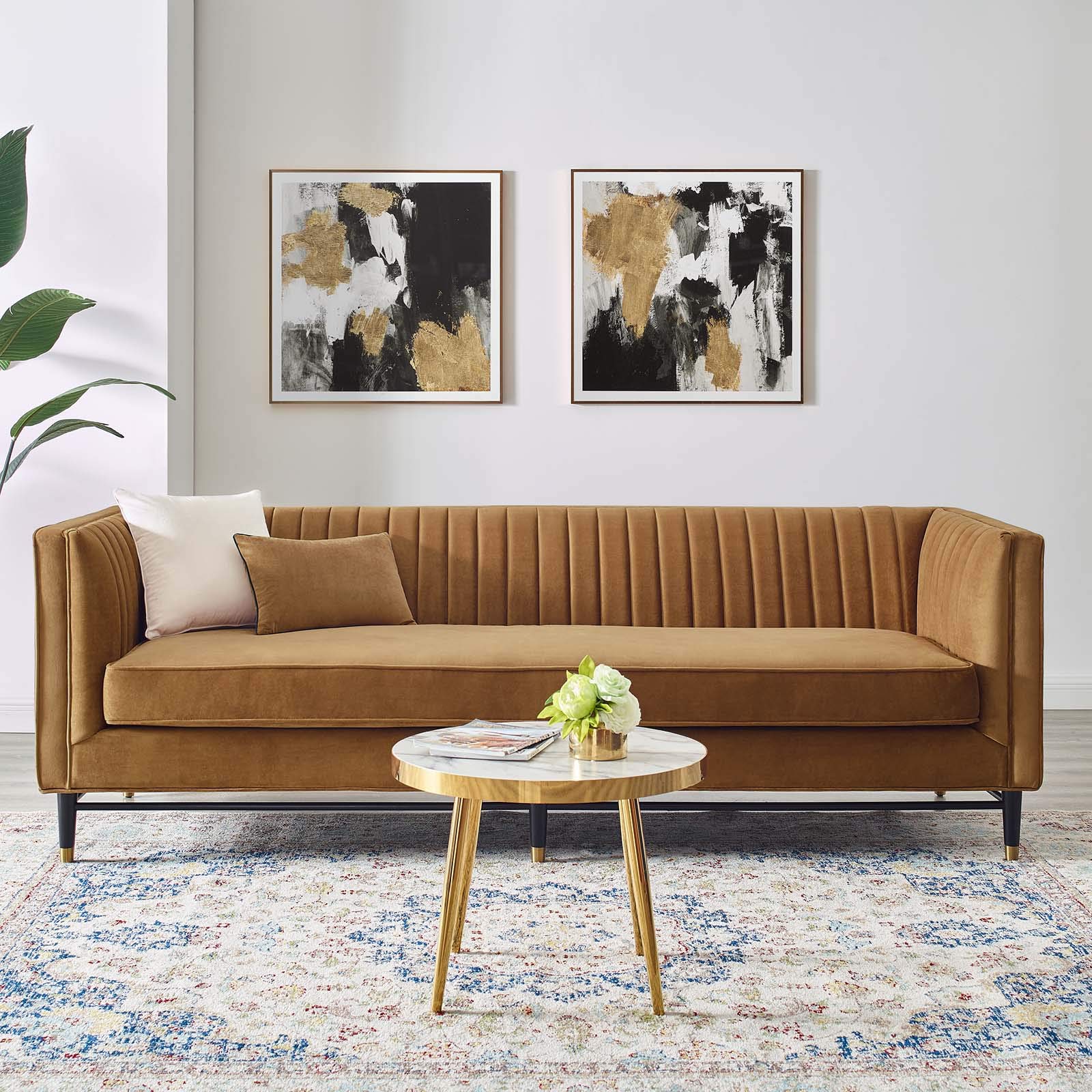 Modway Devote Channel Tufted Performance Velvet Sofa in Cognac - Luxurious Velvet Upholstered Living Room Couch for Modern Home Decor