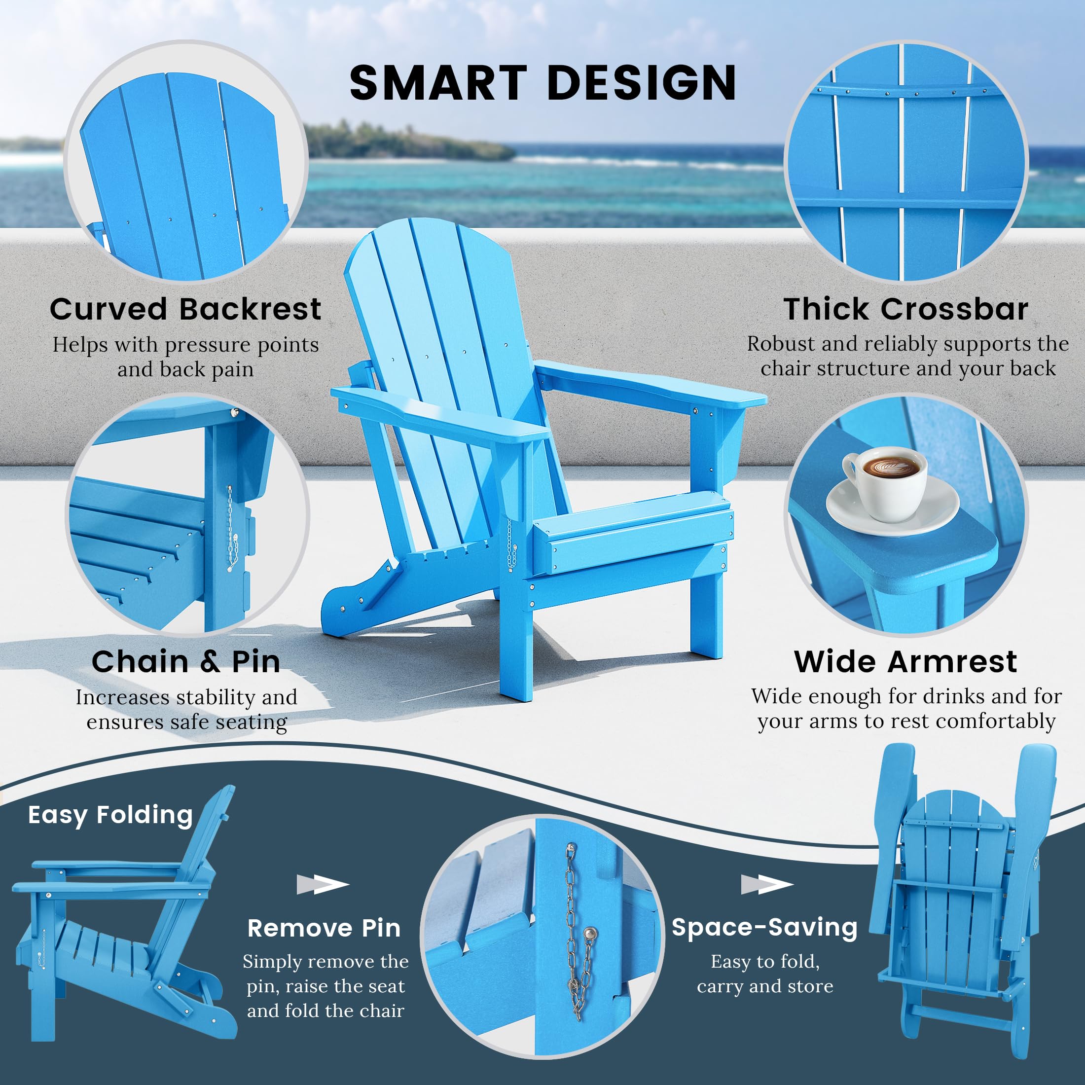 WO Home Furniture Adirondack Chair - Folding Outdoor Lounge Chair for Fire Pit, Beach, Balcony, Backyard, Patio & Pool | Durable & Comfortable Pacific Blue Design | Perfect for Relaxing in Garden, Deck or Lawn