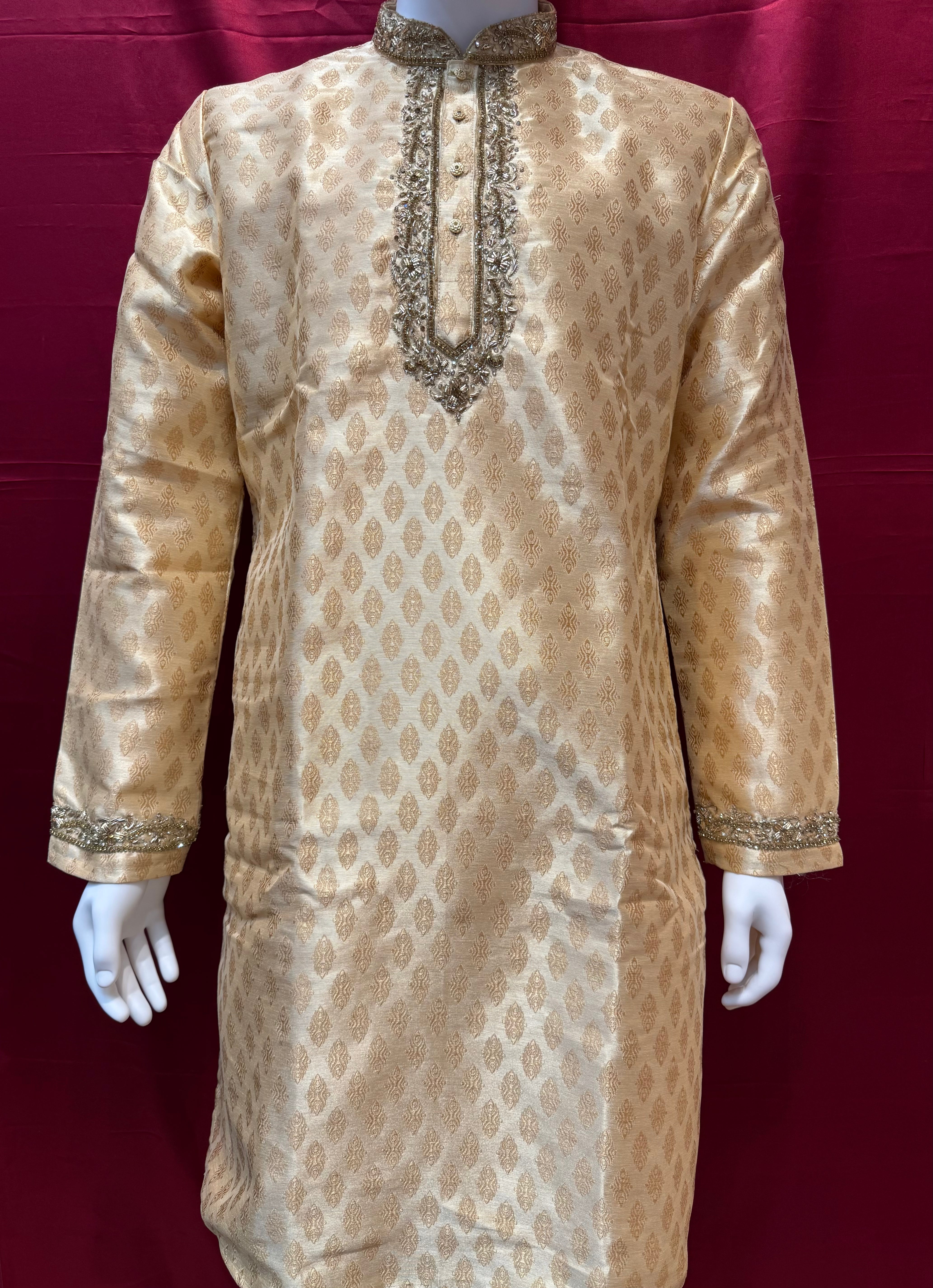 Elegant Banarasi Brocade Gold Embroidered Kurta Pajama Set for Men | Traditional Indian Wedding & Festival Wear