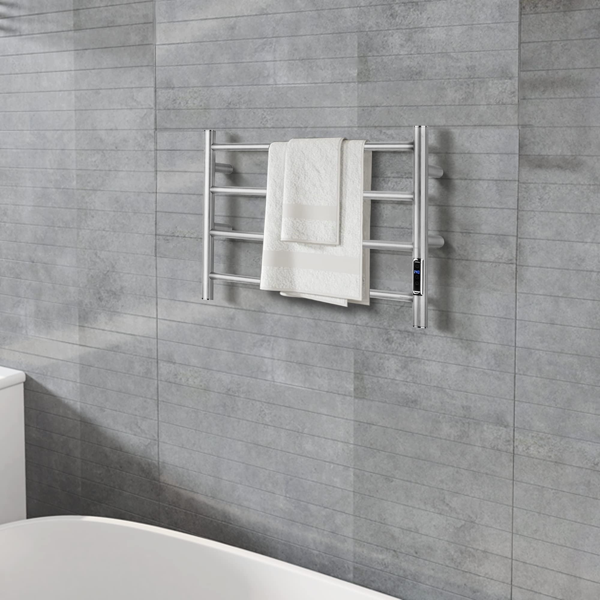ETW29 Electric Towel Warmer with Timer - Brushed Stainless Steel Wall Mounted Bathroom Heated Towel Rack - Perfect for Spa, Luxury Bathrooms & Cold Weather Comfort