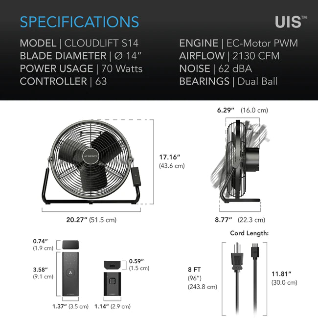 Cloudlift S14 Floor & Wall Fan with Wireless Remote Control - Quiet Cooling for Home, Office, and Bedroom Use