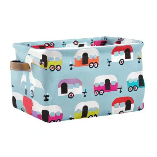Happy Camper Caravan Square Storage Basket - 2 Pack Canvas Storage Organizer for Closet, Shelf, Home & Office - Perfect for Organizing Toys, Books, and Office Supplies