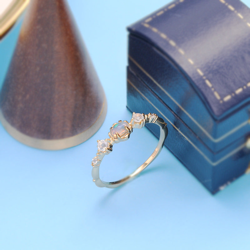 Opal and Moonstone Birthstone Ring - 5 Stone Stackable Ring for Women | HJZB 351 | Perfect for Birthdays, Anniversaries, and Special Occasions