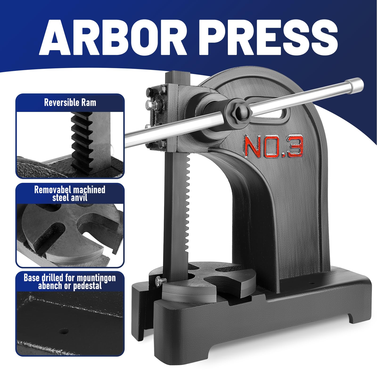 3 Ton Heavy Duty Manual Arbor Press - 12 Inch Max Height for Riveting, Punching, Bending & Forming | Industrial Metalworking & Jewelry Making Tool | Workshop, Garage & DIY Projects