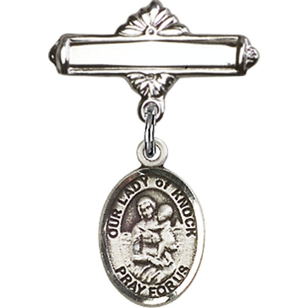 Bonyak Jewelry Saint Medal Collection - Sterling Silver Baby Badge with Our Lady of Knock Charm & Polished Pin (1 X 5/8 inches) - Perfect for Baptism Gifts, First Communion, and Religious Jewelry Gifts