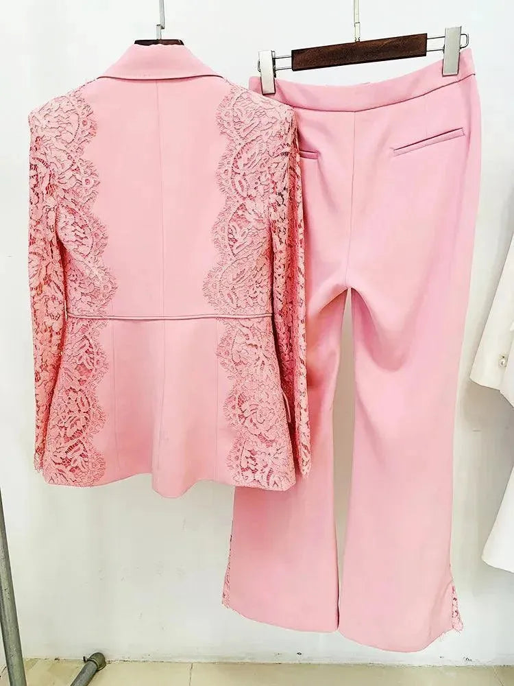 Elegant Lace Patchwork Women's Pant Suit Set with Flared Pants - Formal Office Wear & Evening Party Outfit