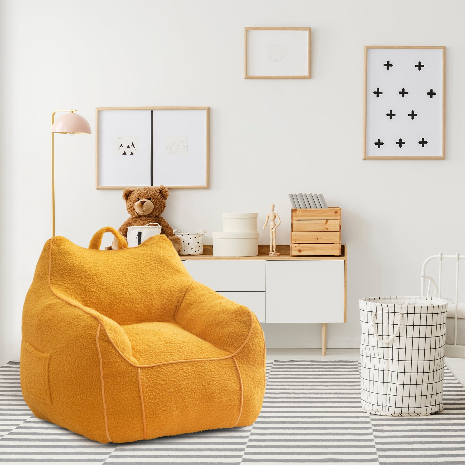MAXYOYO Kids Sherpa Bean Bag Chair & Couch - Soft Plush Comfort with Decorative Edges for Children's Room, Nursery, Playroom (Lemon Yellow) - Perfect for Reading, Gaming & Relaxing