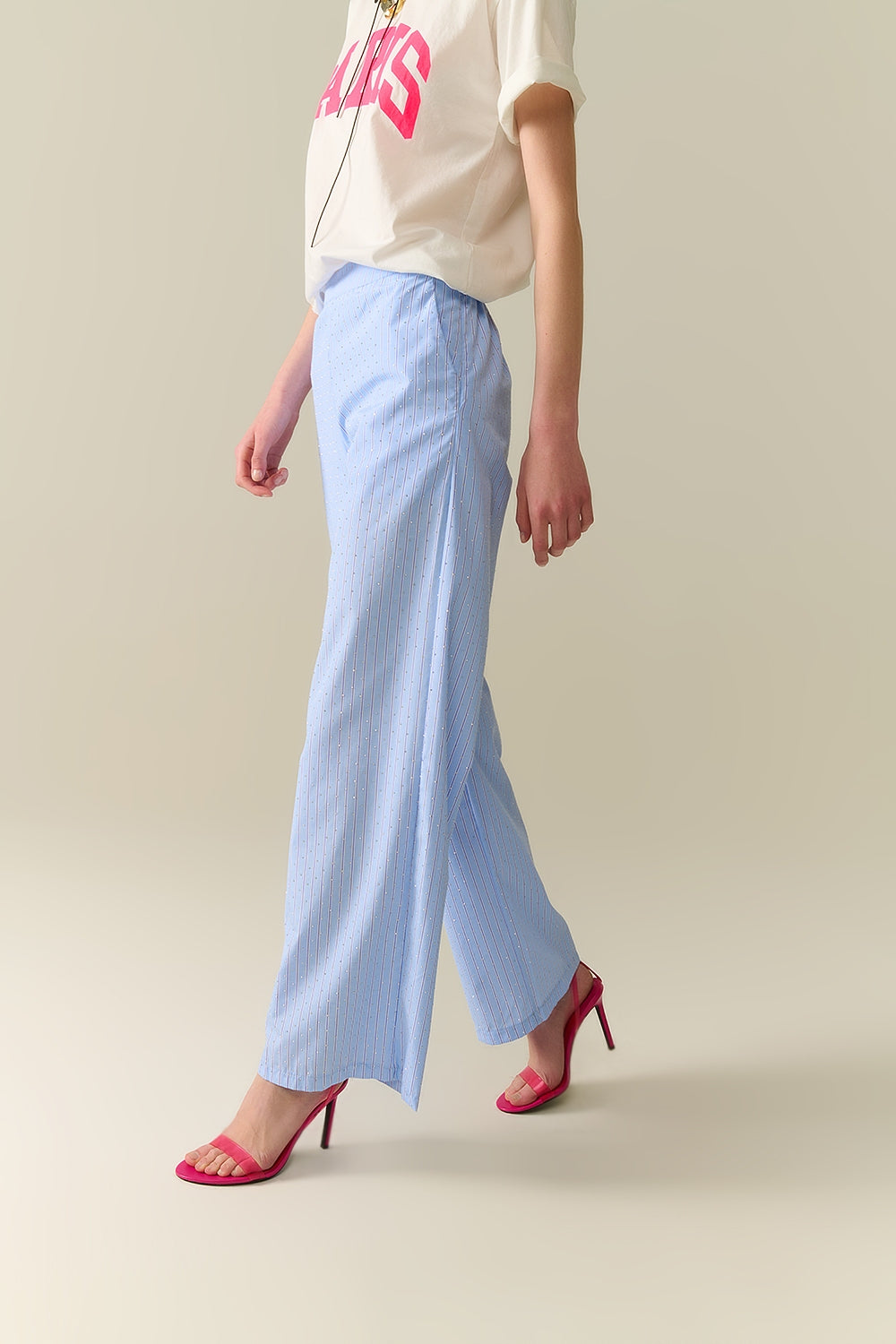Blue Striped Wide-Leg Pants with Rhinestone Embellishments - Elegant Casual Wear for Women, Perfect for Parties, Dates & Office Outfits