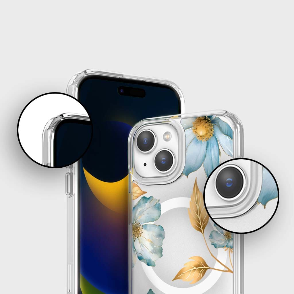 MagSafe iPhone 15 Case - Blue Wildflower Clear Protective Cover with Magnetic Alignment | Perfect for Everyday Use, Travel & Wireless Charging