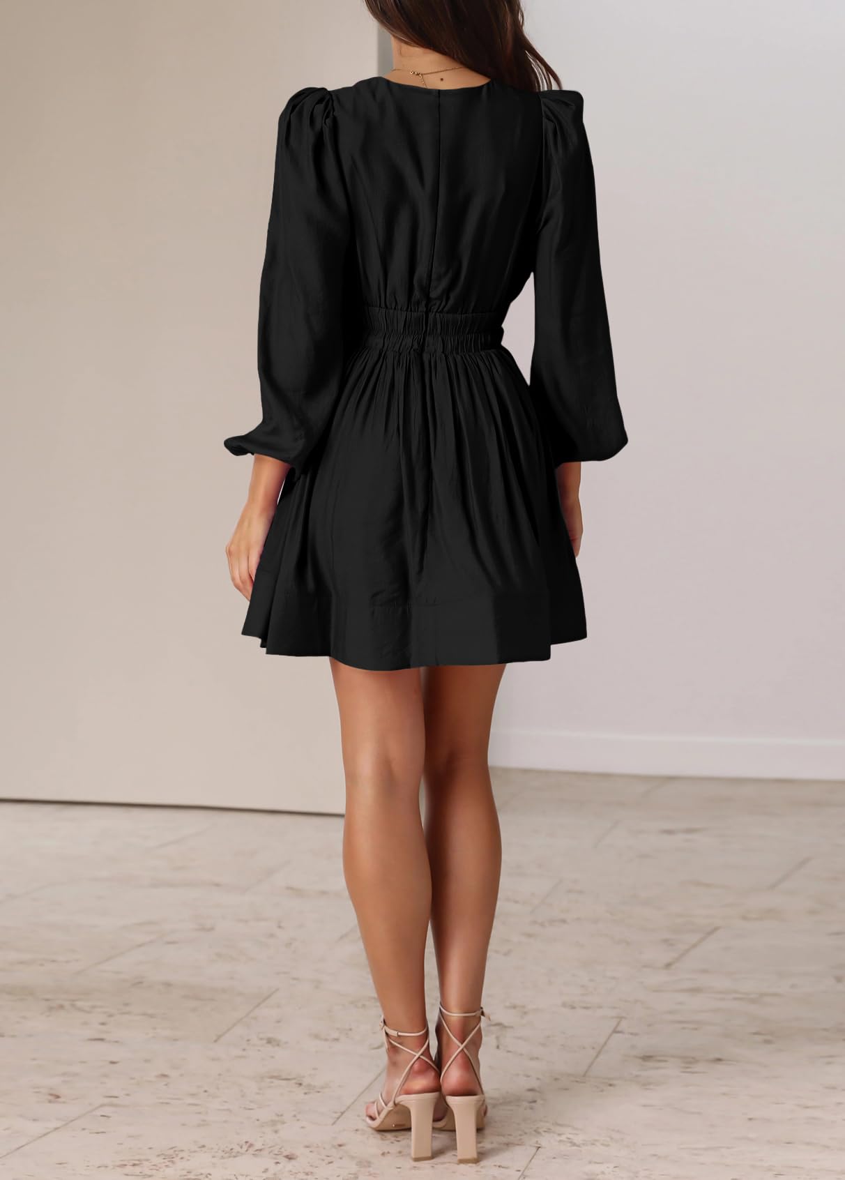 BWQ Women's Mini Dress - Long Sleeve Deep V Neck Sexy A-Line Elastic High Waist Flowy Party Dress for Night Out, Date Night, Cocktail Party
