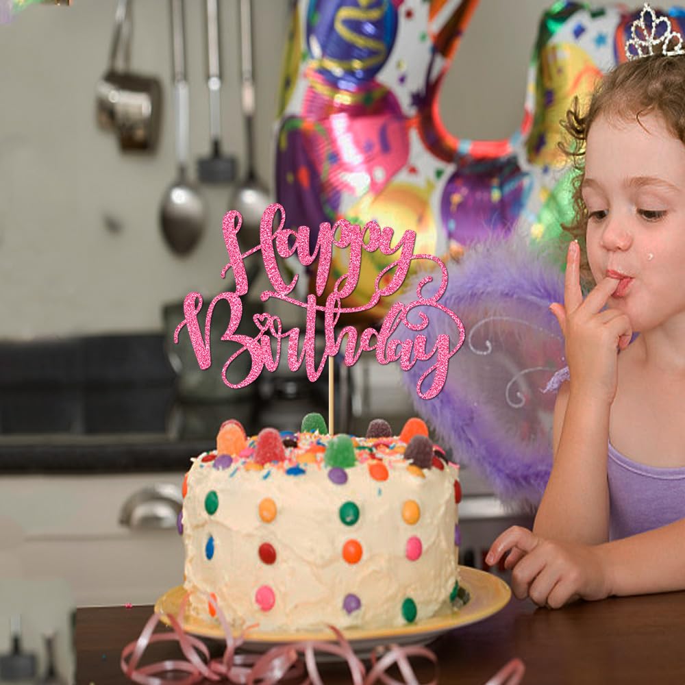 Handmade Glitter Happy Birthday Cake Topper - Pink Birthday Party Cake Decorations for Anniversary & Birthday Celebrations - Perfect for Wedding, Baby Shower, and Special Event Decorations
