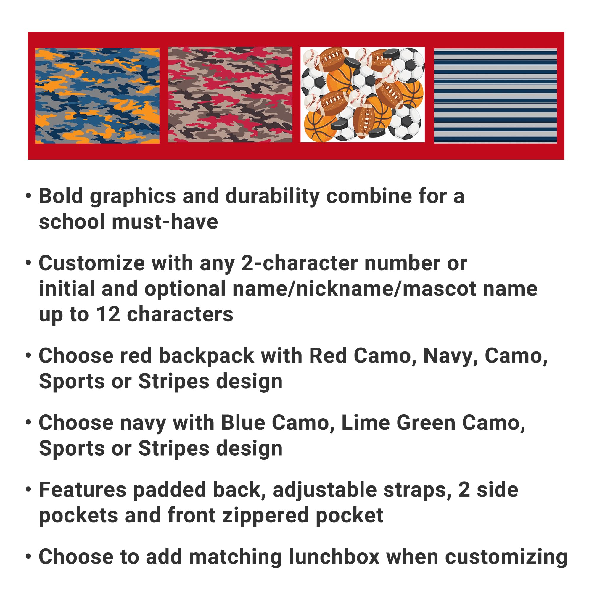 **Personalized Kids Backpack for School - Custom Bookbag with Lunch Box - Durable Red Camo Design - Perfect for School, Travel & Day Trips**