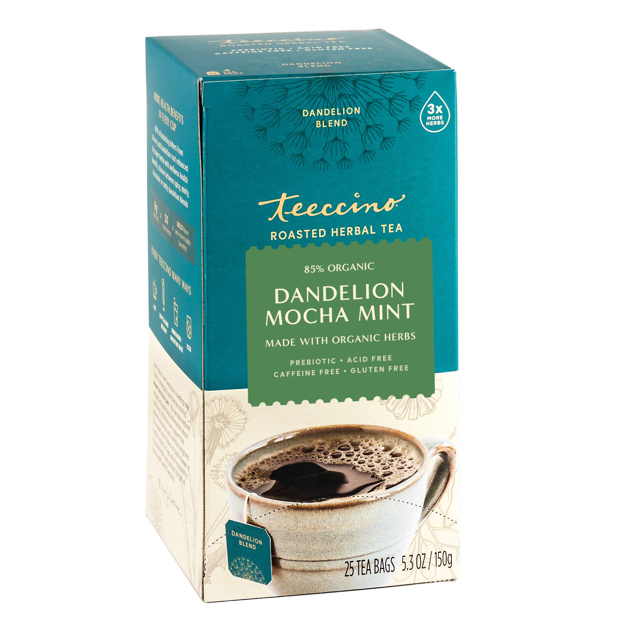 Teeccino Dandelion Mocha Mint Herbal Tea - Caffeine Free, Prebiotic Rich, Gluten Free Roasted Herbal Tea with 3x More Herbs - 25 Tea Bags for Relaxation & Digestive Health
