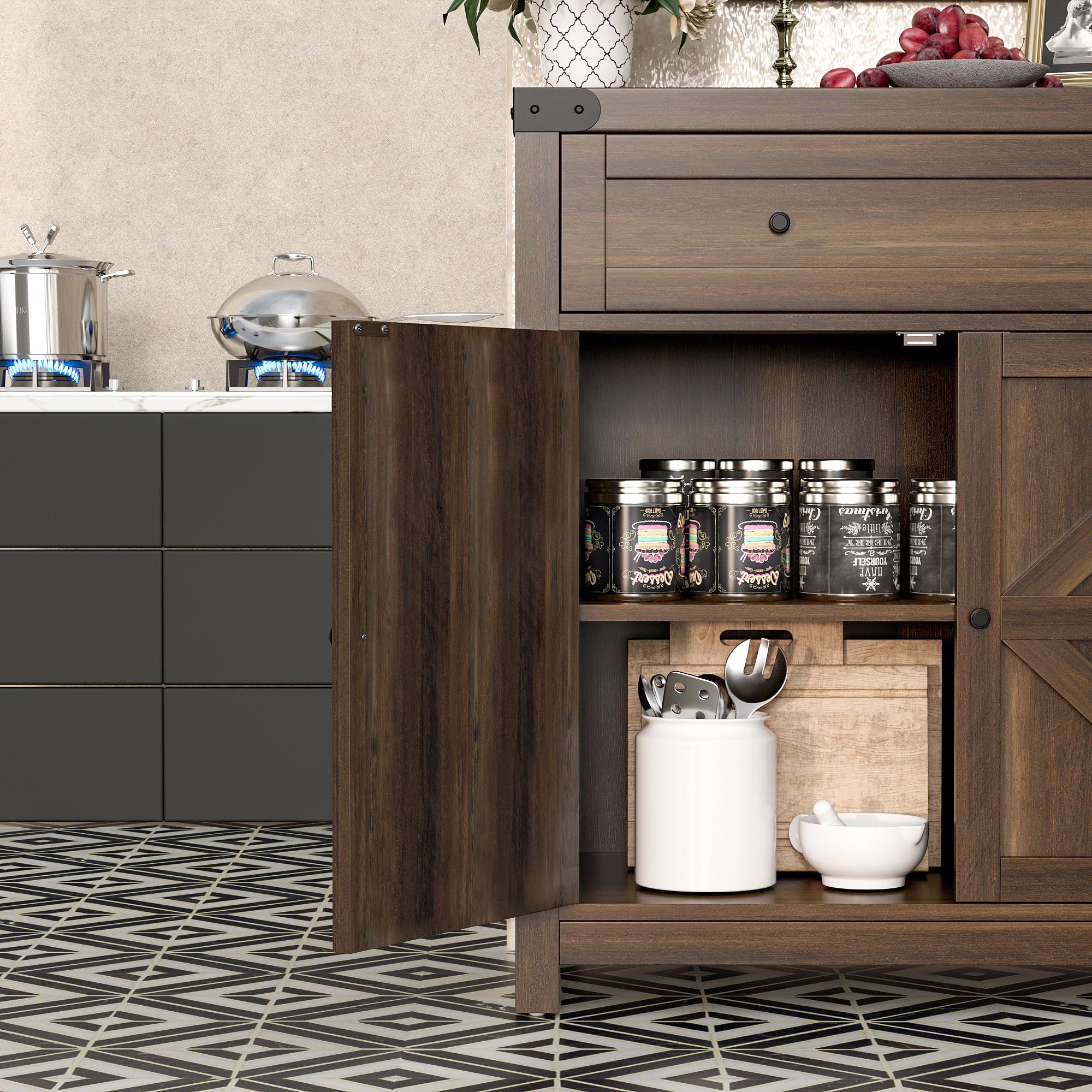 Flamaker Rustic Sideboard Buffet Cabinet with Storage - Farmhouse Coffee Bar Cabinet with 1 Drawer & 2 Barn Doors - Kitchen, Dining Room, Entryway Storage Solution - Perfect for Entertaining, Displaying Decor & Organizing Dishes (Brown)