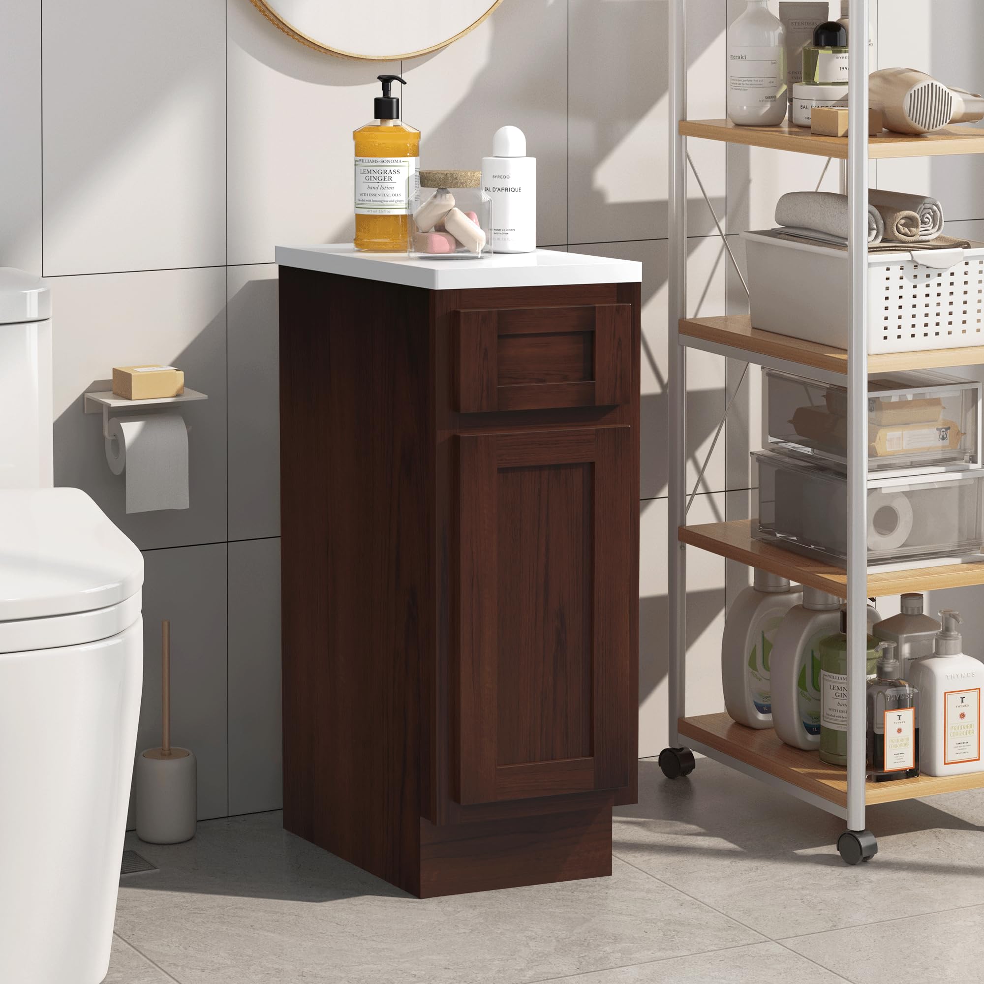 Vanity Art 12 Inch Small Bathroom Vanity Cabinet with Soft Closing Drawer & Door - Right Offset Shaker Design, Floor Mount Storage Organizer (VA4012-1B) - Perfect for Compact Bathrooms, Powder Rooms & Space-Saving Solutions