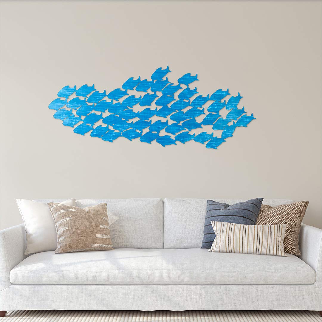 Riverside Designs School of Fish Metal Wall Art - Coastal Beach Decor Steel Sculpture (30 Inch, Teal Blue) - Perfect for Living Room, Bedroom, or Beach House Wall Decoration