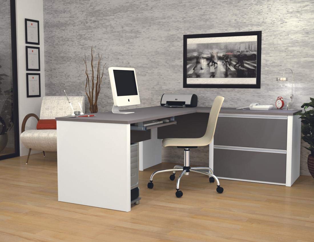 Bestar Connexion L-Shaped Office Desk with Oversized Storage Pedestal - Sandstone & Slate Finish for Home Office or Gaming Setup