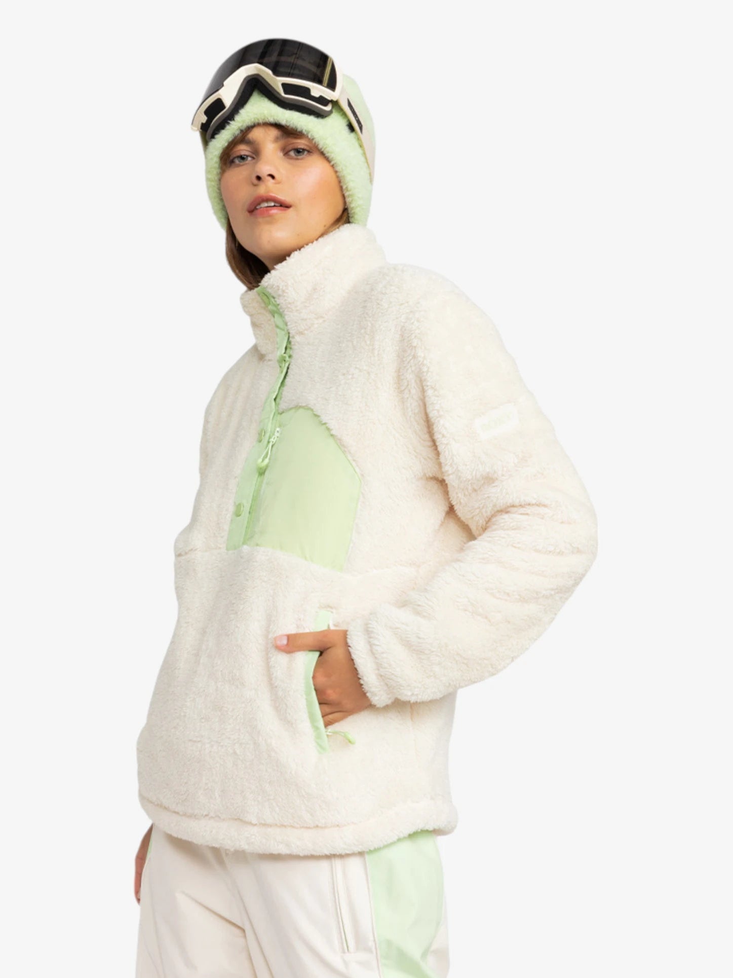 Roxy Alabama Snow Jacket - Women's Winter Coat in Beige & Green | Warm Fleece-Lined Hoodie for Skiing, Snowboarding & Outdoor Adventures