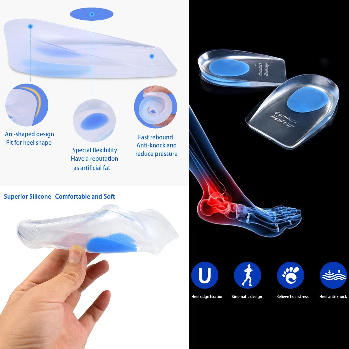 Clopic Silicone Gel Half Toe Sleeve & Heel Cups Pad - Anti-Slip Forefoot Soft Pads for Heel & Ankle Pain Relief, Cracked Heels Repair Combo (1 Toe Half + Heel Cups) - Ideal for Running, Walking & Everyday Comfort