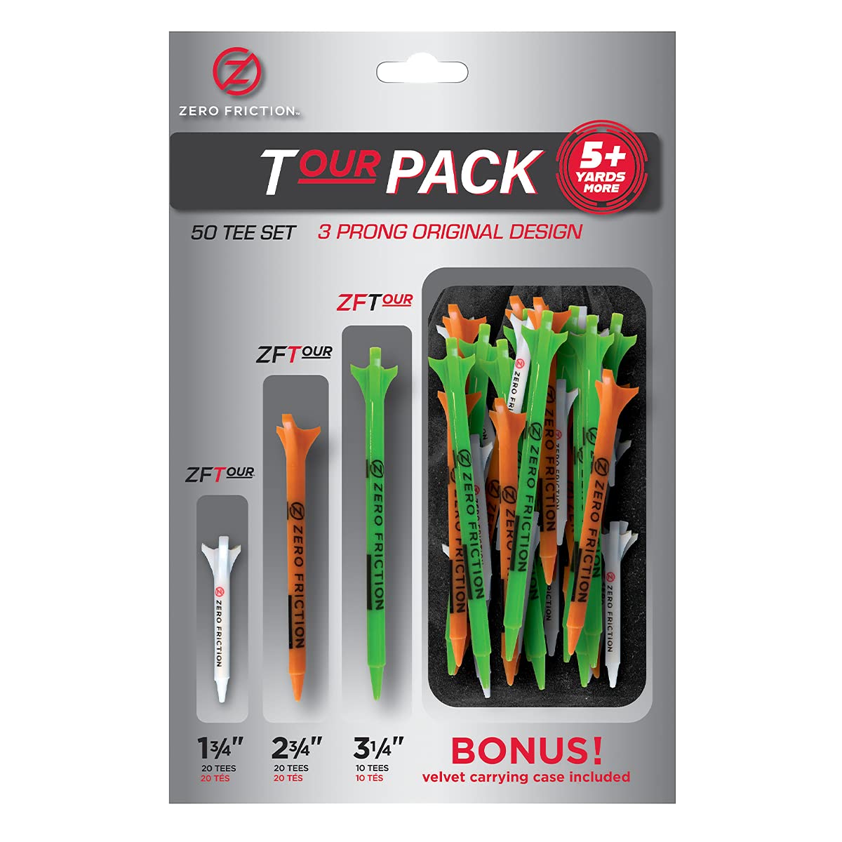 Premium Zero Friction Golf Tees Variety Pack - 50 Pack with Bonus Velvet Pouch for Easy Transport | Perfect for Driving Range, Tournament Play & Practice Sessions