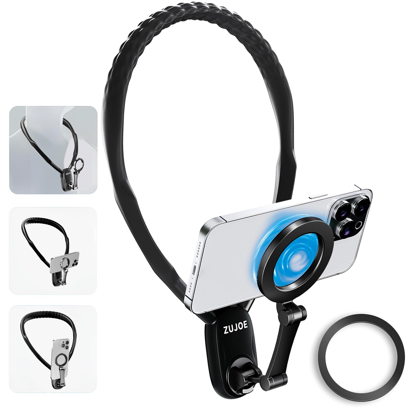 Magnetic Phone Neck Mount Holder for iPhone 15 14 13 12 Series - 2 in 1 Hands-Free POV/Vlog Accessory (Black) | Perfect for Travel, Gym Workouts & Content Creation