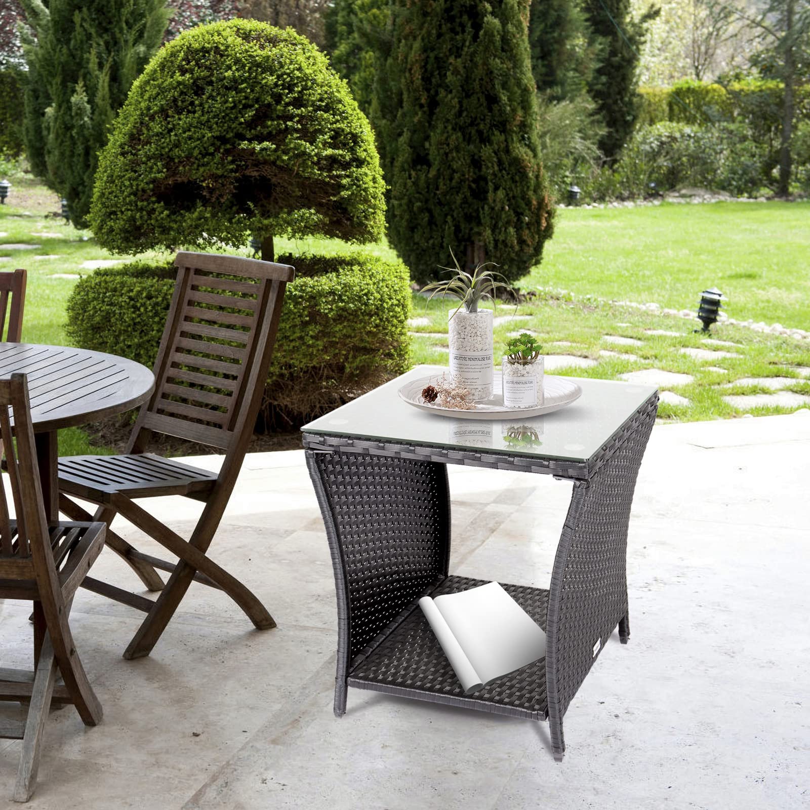 Black Wicker Rattan Side Table with Glass Top - Outdoor Patio Garden Furniture