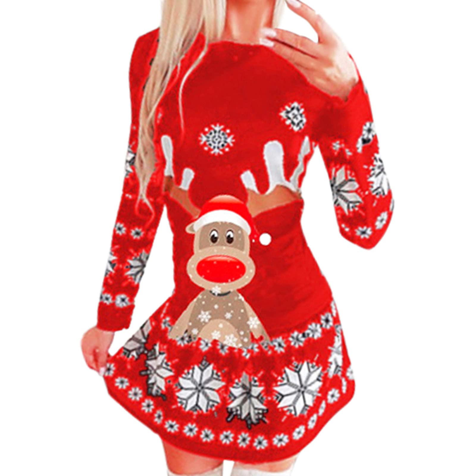 Women's Long Sleeve Round Neck Christmas Snowflake Print Party Dress - Elegant Holiday Partywear for Christmas Gatherings, Office Celebrations & Winter Formal Events
