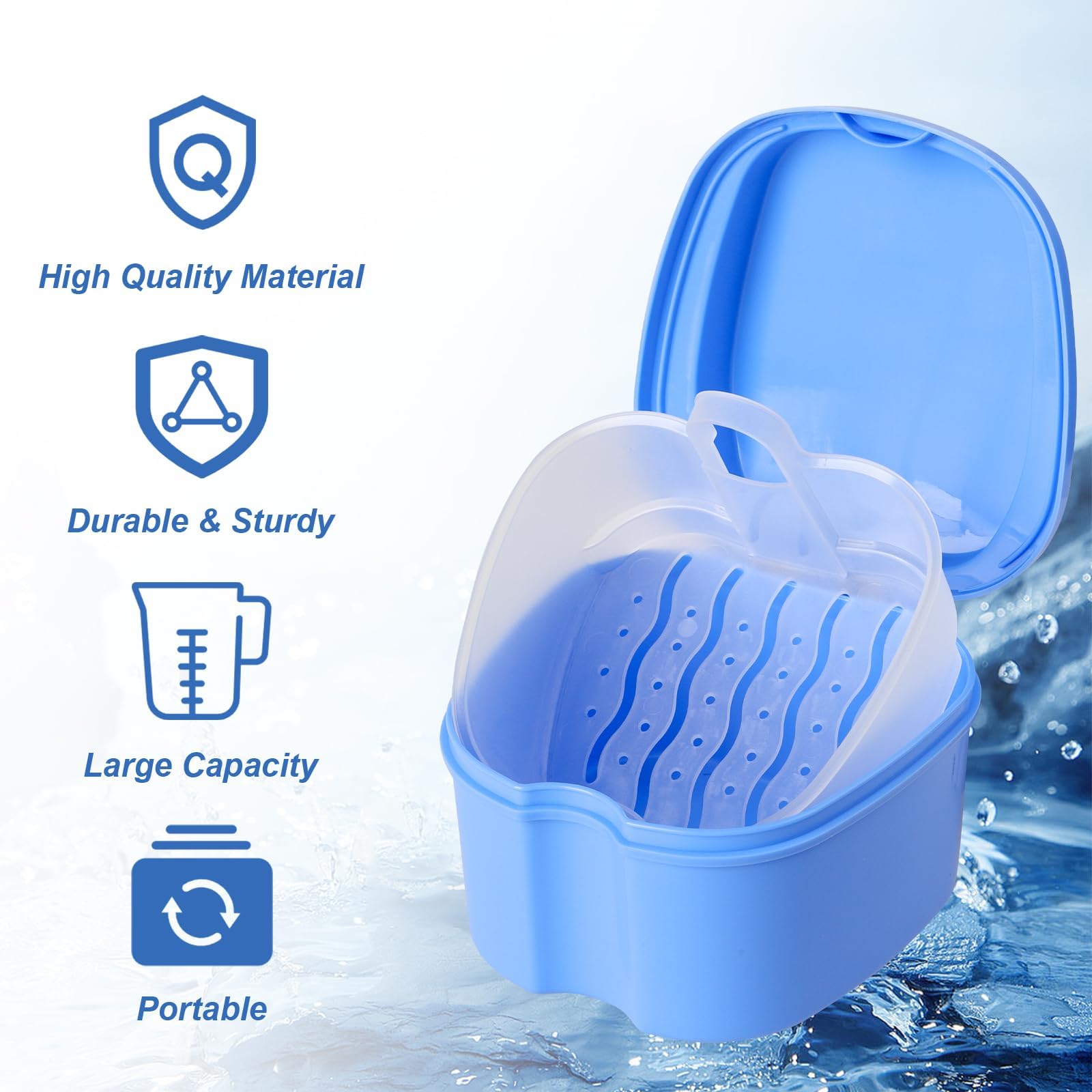 2 Pack Denture Case with Strainer Basket - Waterproof Denture Holder for Full & Partial Dentures - Soaking Denture Cups in Blue & White - Perfect for Travel, Overnight Storage & Denture Cleaning