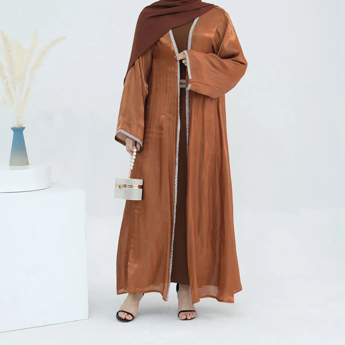 2-Piece Hotfix Rhinestone Sparkling Open Abaya Dress Set with Inner Dress - Perfect for Weddings, Parties & Special Occasions