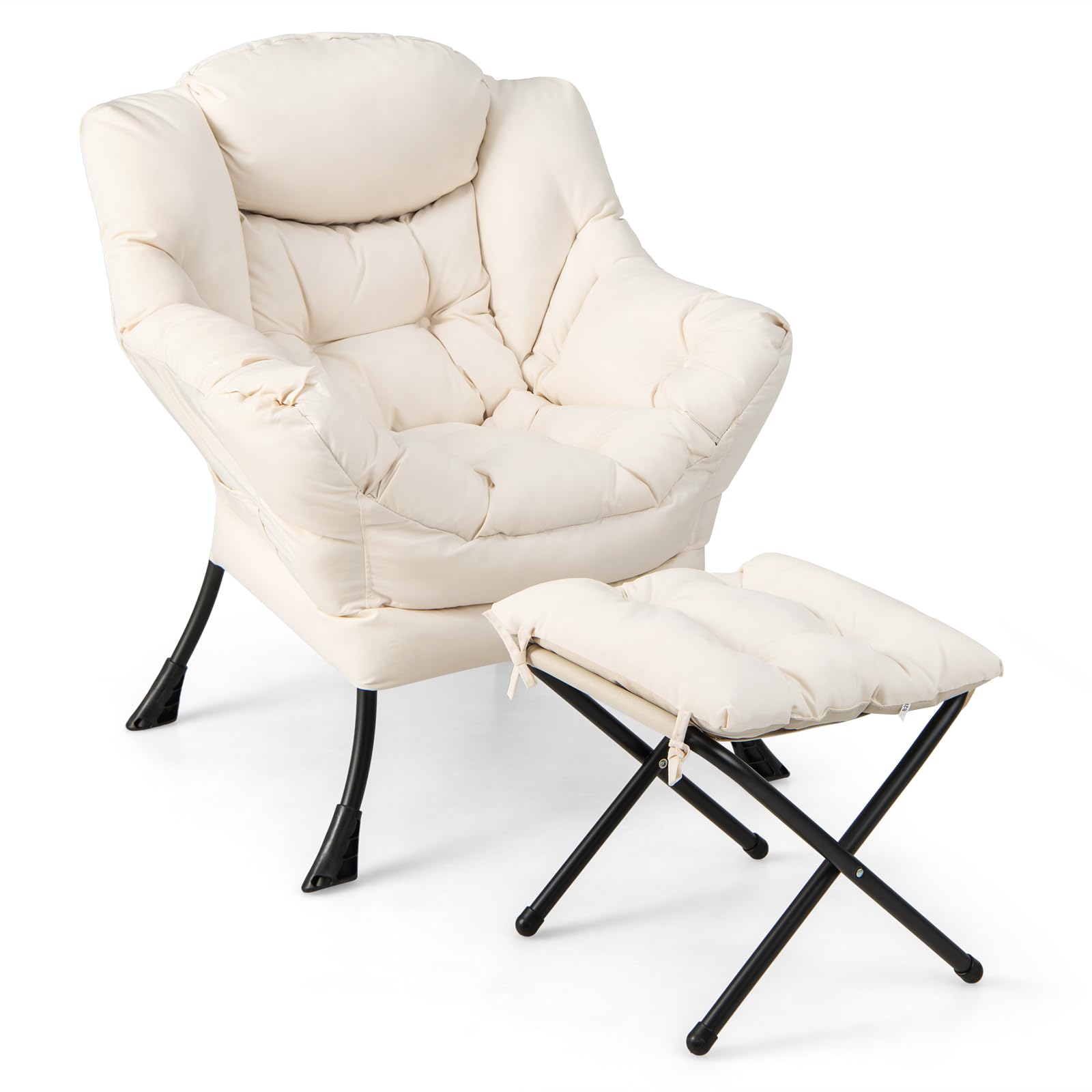 Giantex Recliner Chair with Ottoman - Upholstered Lounge Armchair with Folding Footrest & Side Storage Pocket, Beige Accent Sofa for Living Room, Bedroom, Office - Perfect for Relaxing, Reading & Watching TV