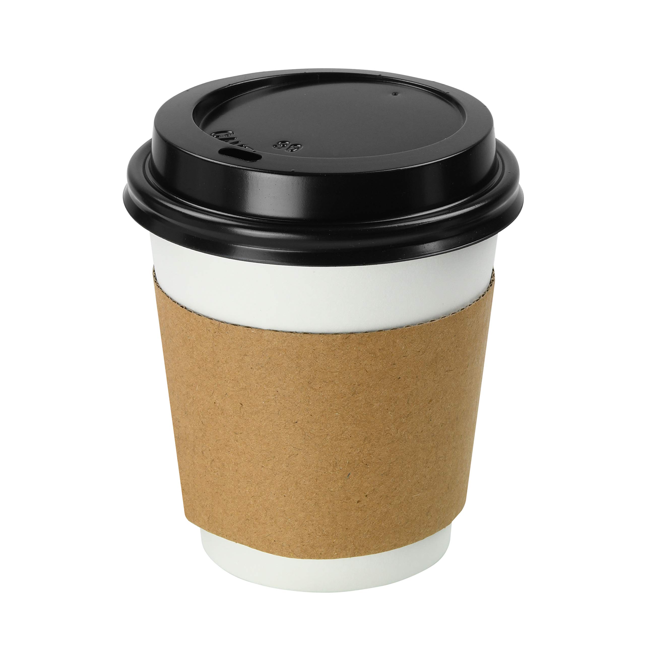 NYHI 100 Pack 10 oz White Disposable Coffee Cups with Black Lids & Sleeves - Hot/Cold Beverage Drinking Cups for Coffee, Tea, Juice, Espresso - Perfect for Office Water Coolers, Parties, Cafes & Takeout