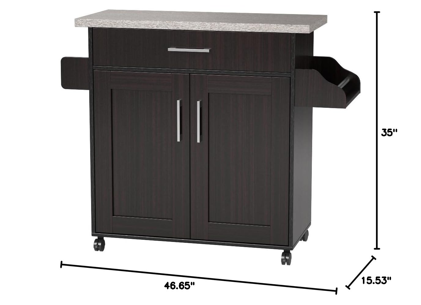 Hodedah Kitchen Island with Spice Rack, Towel Rack & Drawer - Chocolate Finish with Grey Top - Perfect for Small Kitchens, Pantry Organization & Extra Counter Space