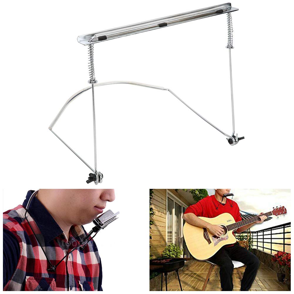 Premium Silver Harmonica Holder for 24-Hole Harmonicas - Adjustable Neck Strap & Hands-Free Bracket - Perfect for Live Performances, Practice Sessions & Street Musicians