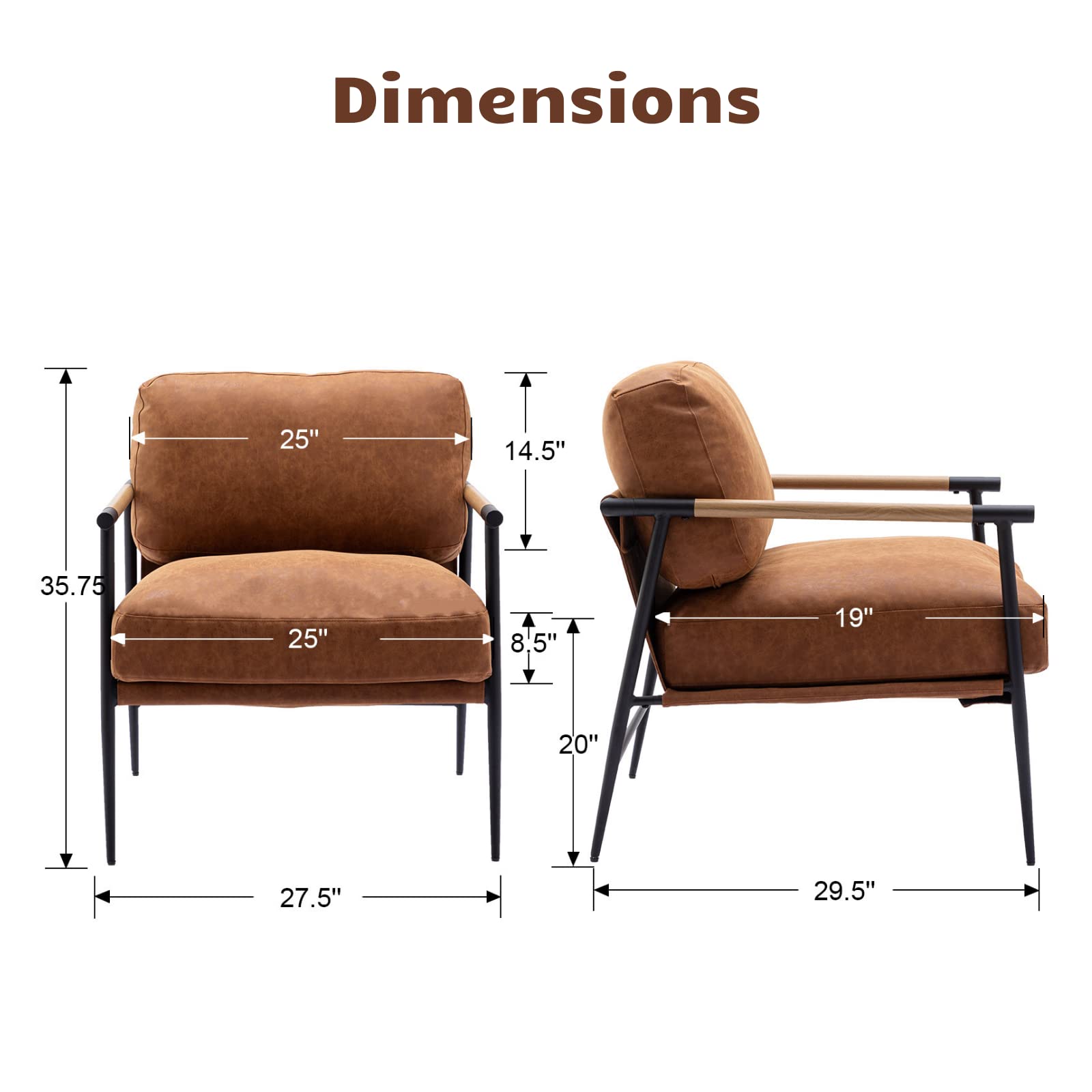 HEAH-YO Modern Accent Chair - PU Faux Leather Living Room Armchair with Sturdy Metal Legs & Backrest - Comfortable Reading Chair for Bedroom, Office or Lounge - Brown Home Decor Furniture for Small Spaces