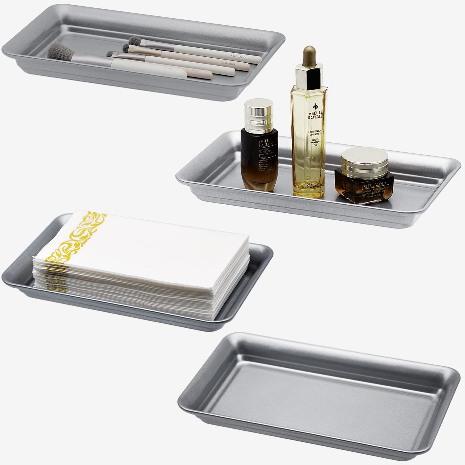 Vintage Farmhouse Decor Metal Vanity Tray (4 Pack) - Countertop Organizer for Hand Towels, Perfume, Cosmetics, Jewelry & Makeup | Rustic Bathroom Storage Solution | Perfect for Guest Rooms, Vanity Tables & Spa Decor (Silver)