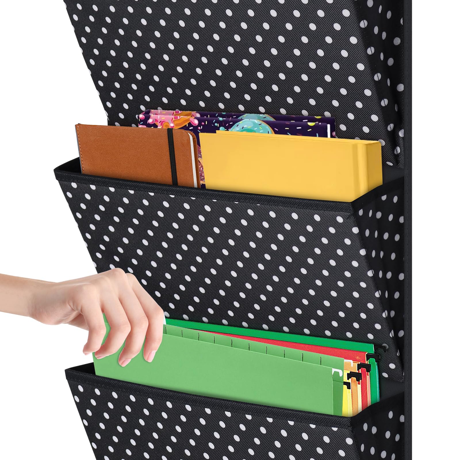 Godery Hanging Wall Organizer - 4 Pocket Fabric File Organizer for Office Supplies, Notebooks, Planners & Mail - Wall Mount & Over The Door Storage Solution for Home & Office Organization (White Spot) - Perfect for Desk, Closet & Entryway Organization
