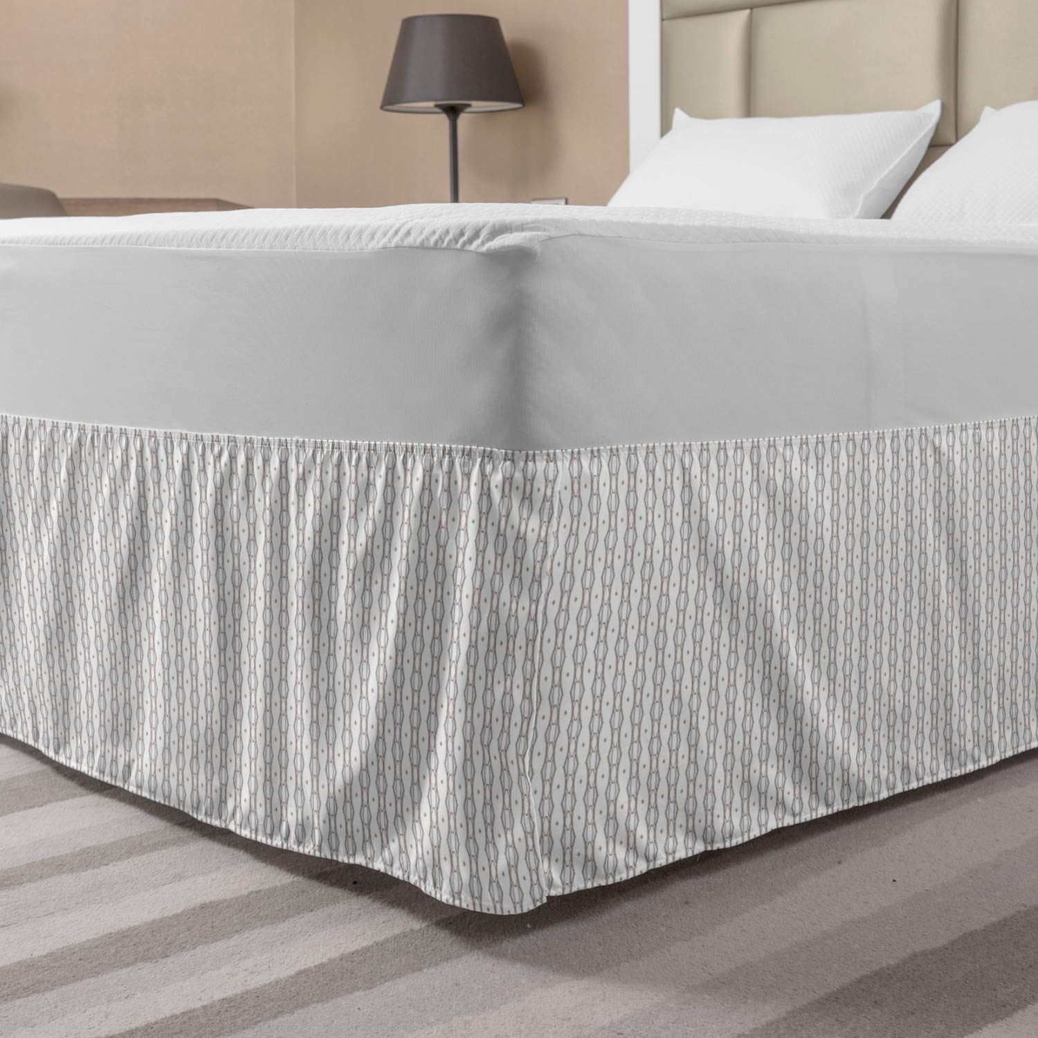 Ambesonne Abstract Bed Skirt with Geometric Patterns - Elastic Wrap Around Dust Ruffle for Queen Size Beds | White & Dark Eggshell | Modern Bedroom Decor & Home Styling