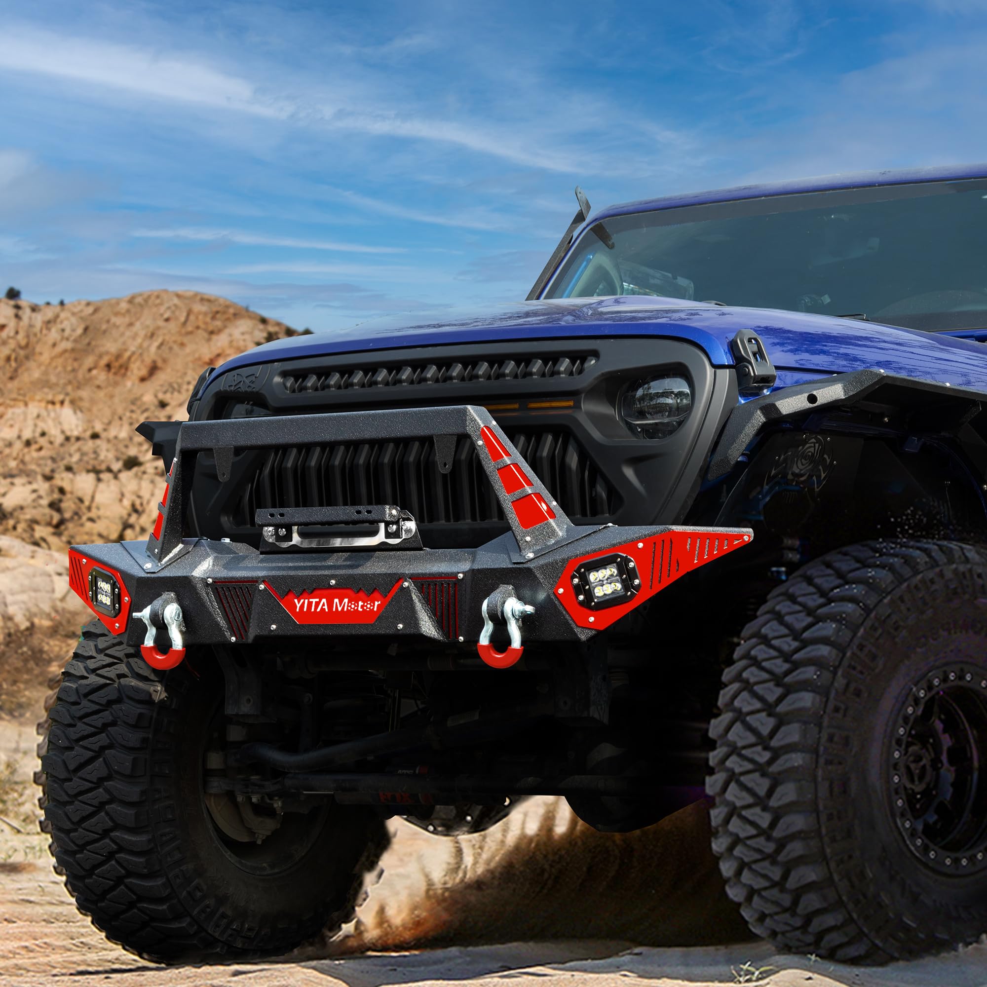 YITAMOTOR Front Bumper for 2018-2025 Jeep Wrangler JL & Unlimited, 2020-2025 Jeep Gladiator JT - Heavy Duty Winch-Ready Bumper with LED Light Mounts, D-Rings & License Plate Bracket | Perfect for Off-Roading, Overlanding & Jeep Modifications