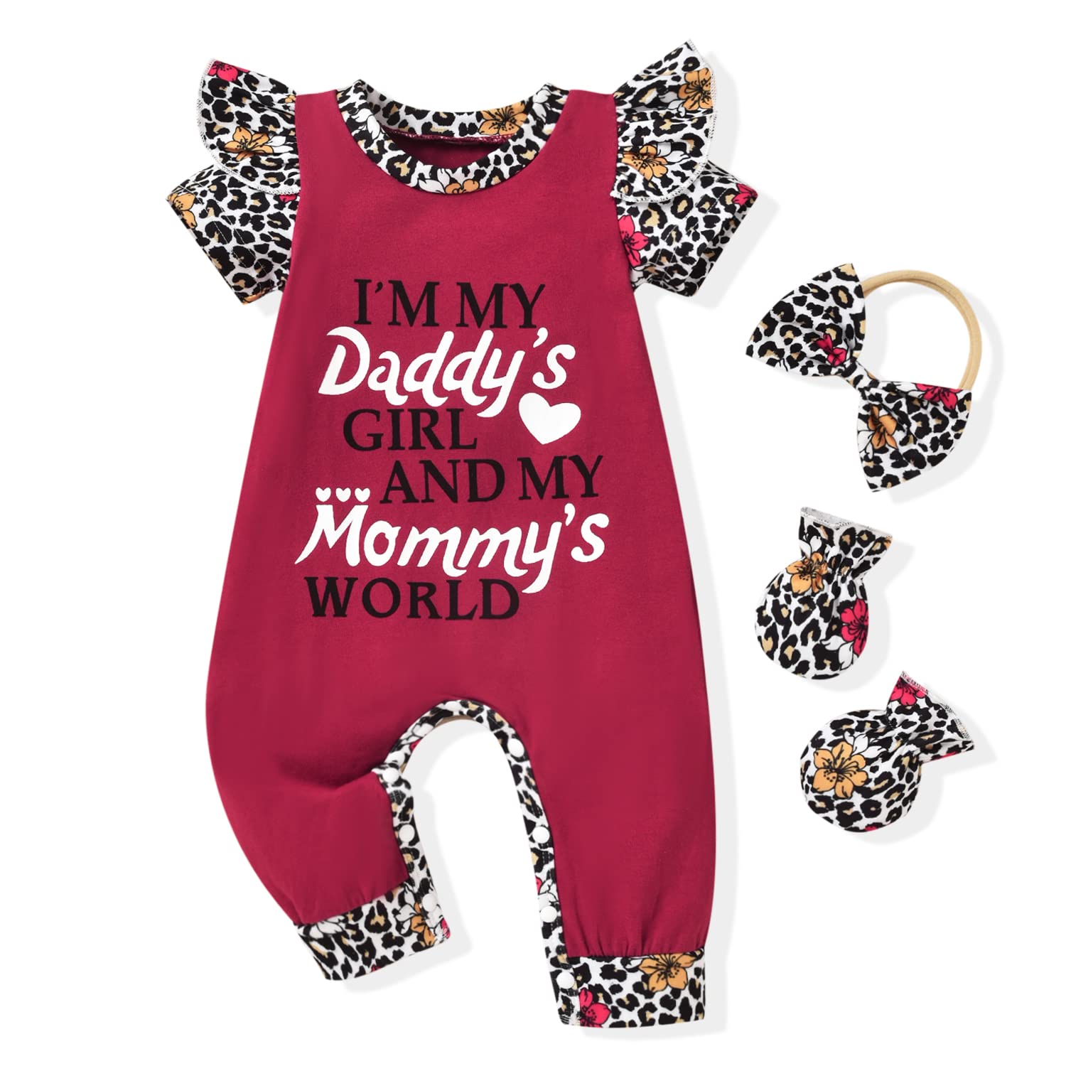 HINTINA Newborn Baby Girl Outfit Set - Letter Print Romper Jumpsuit with Gloves & Headband for Preemie (0-3 Months) | Soft Cotton Infant Clothes for Hospital, Photo Shoots & Special Occasions