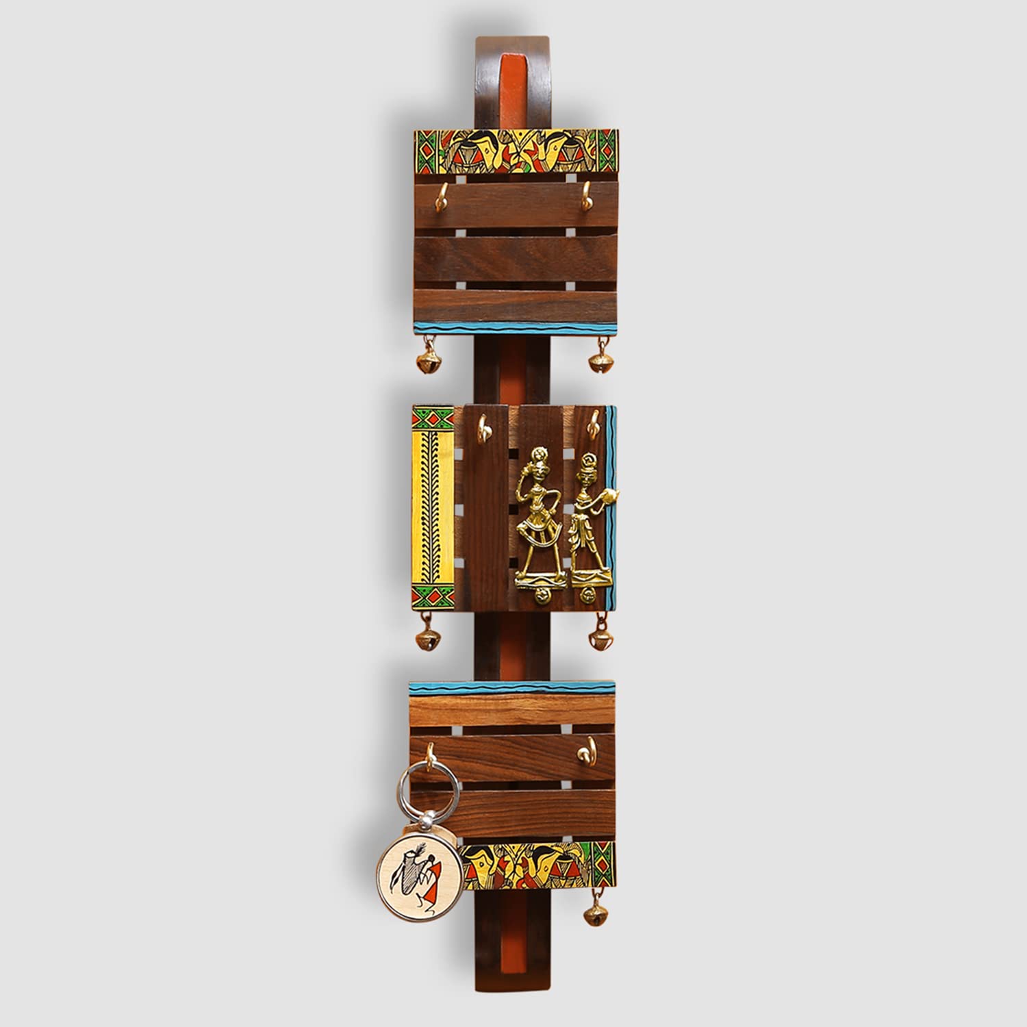 Handcrafted Madhubani Wooden Key Holder - 6 Hooks Wall Mount Key Hanger for Home Décor (Teak & Sheesham Wood) | Unique Indian Folk Art Key Organizer for Entryway, Living Room & Office - Perfect Housewarming Gift