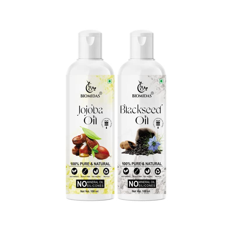 Biomidas 100% Pure Jojoba Oil & Black Seed Oil Combo (100ml Each) for Hair Growth, Anti-Hair Fall & Split Ends Treatment - Promotes Soft, Shiny Hair (2-Pack) | Natural Hair Care Solution for Dry Scalp & Damaged Hair