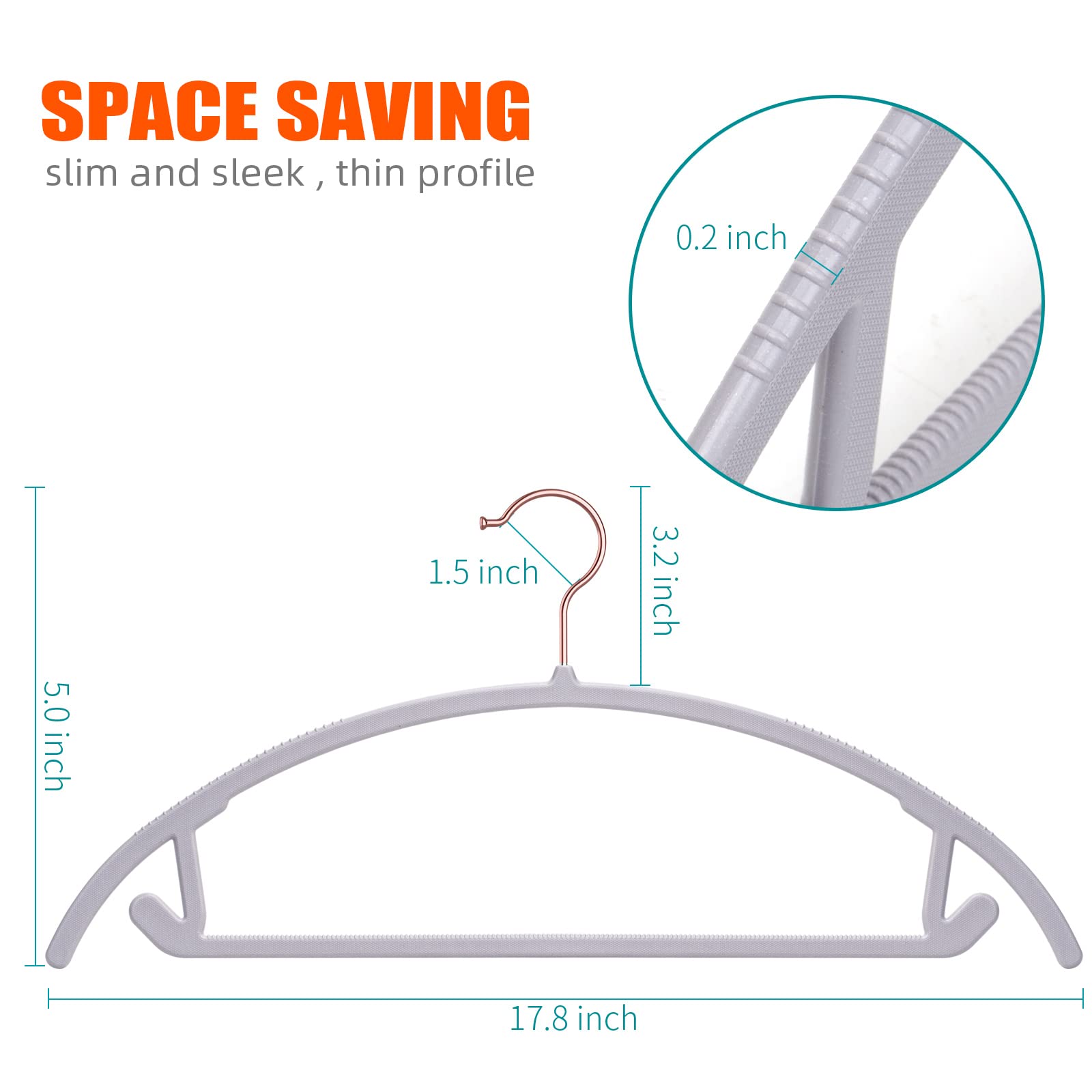 OIKA 50 Pack Rose Gold Plastic Hangers - Heavy Duty Non-Slip Space Saving Suit Hangers with Rounded Edges for Sweaters, Coats, Jackets, Pants, Shirts & Dresses - Grey - Perfect for Closet Organization and Retail Store Display