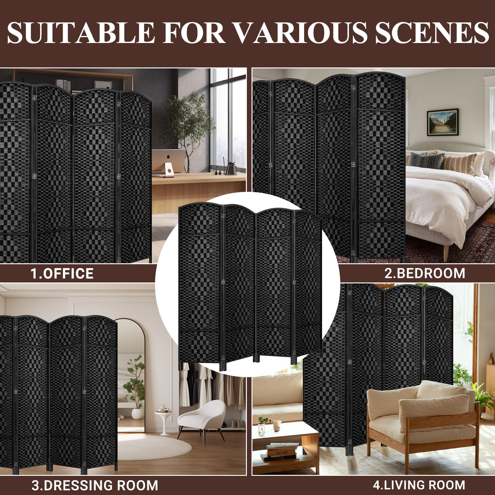 4-Panel Folding Room Divider Privacy Screen - 6ft Tall, 16in Wide Temporary Wall Partition for Home & Office - Black Space Separation Panel for Bedroom, Living Room, or Workspace