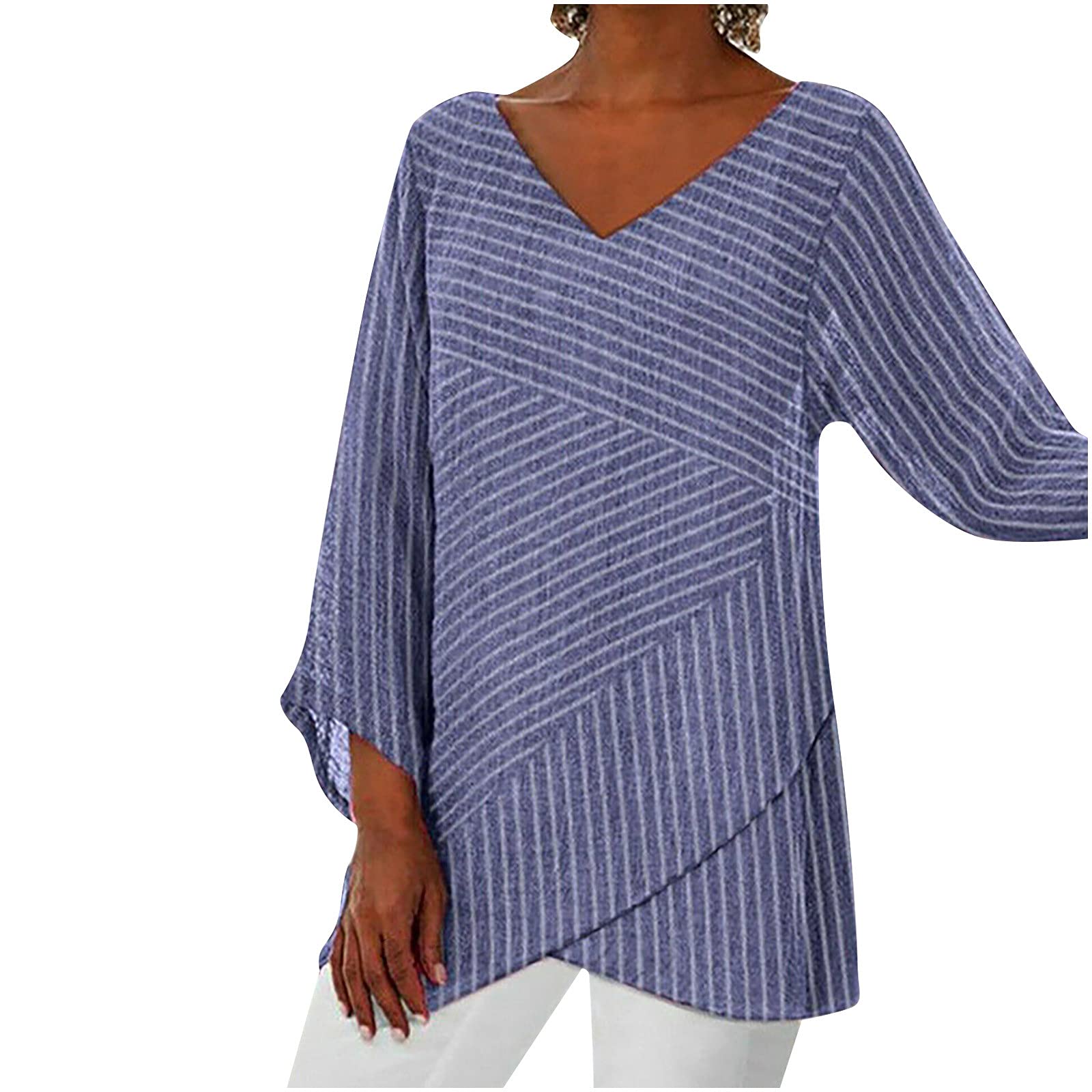 Women's Linen Tunic Tops - Striped V-Neck Long Sleeve Blouse for Autumn | Comfortable & Fashionable T-Shirt Style Top | Perfect for Casual Wear, Office Outfits & Fall Layering