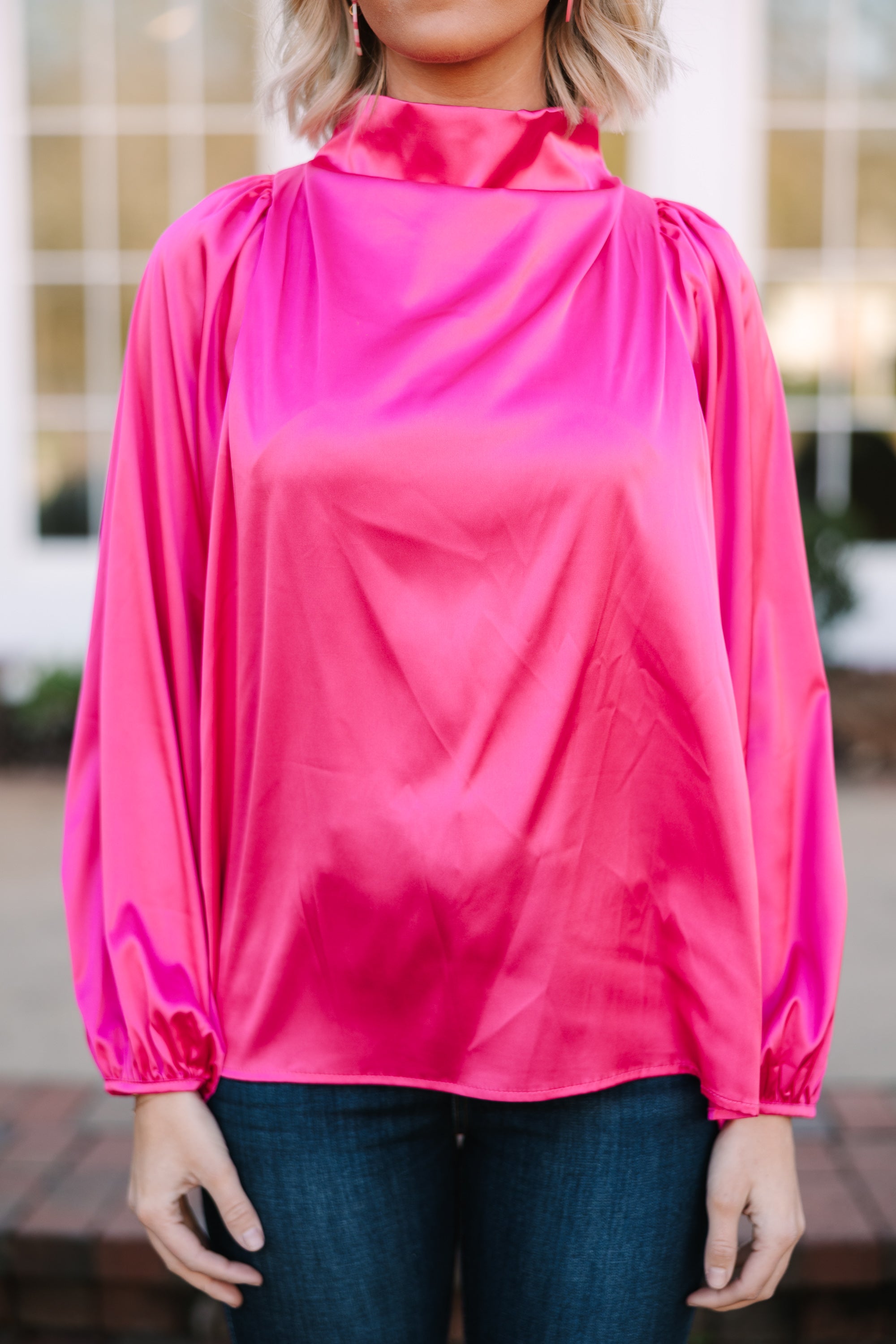 Fuchsia Pink Satin Blouse for Women - Elegant V-Neck Party Top with Flowy Sleeves - Perfect for Date Night, Office Wear & Special Occasions