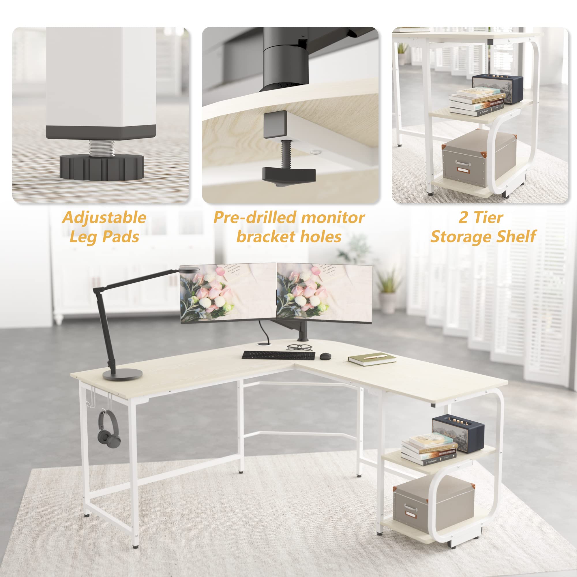 L Shaped Desk with Storage Shelves - Reversible Corner Computer Desk for Home Office & Gaming - Modern L-Shaped Workstation with Spacious Desktop (Beige) - Perfect for Small Spaces, Remote Work & PC Gaming Setups