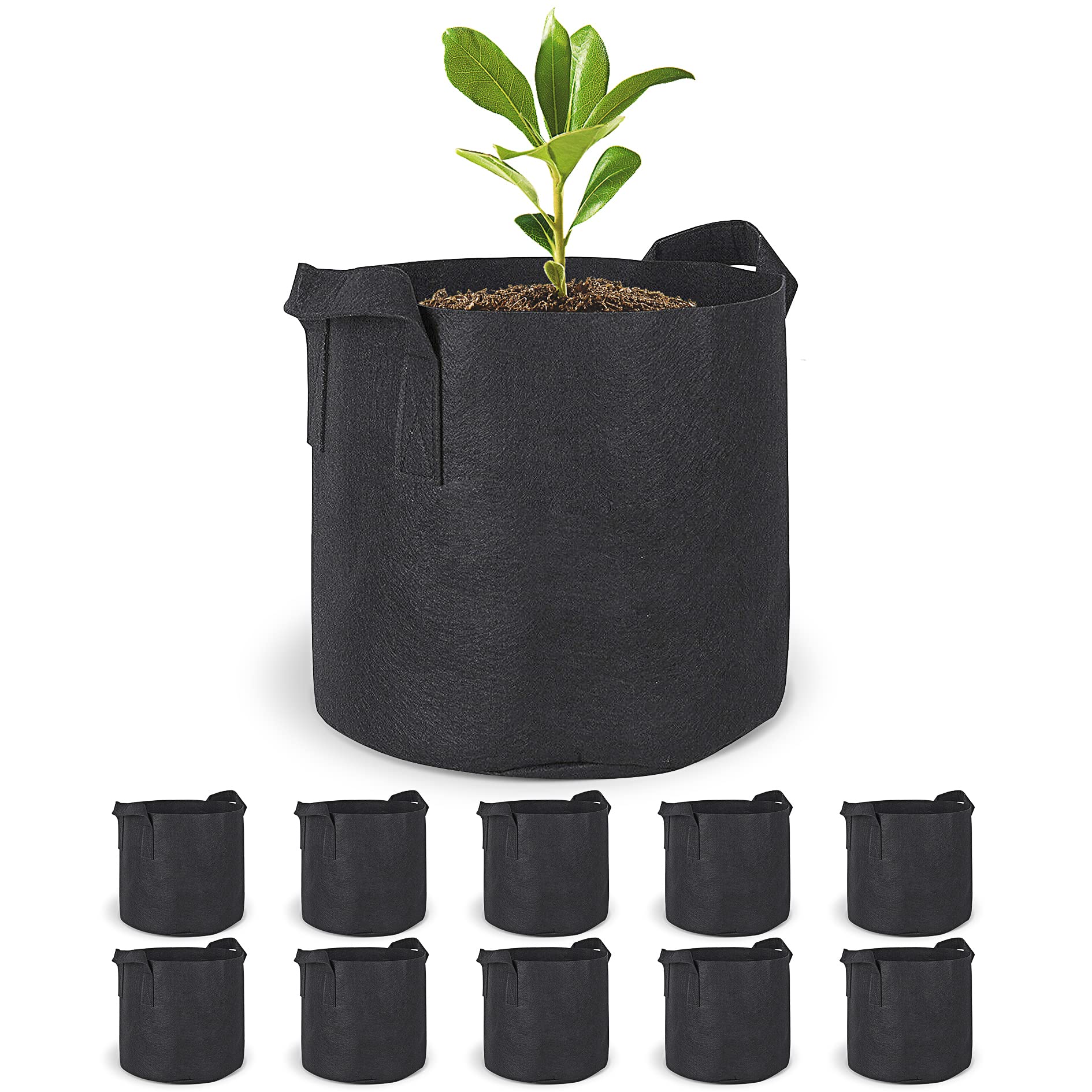 10 Pack 2 Gallon Aeration Fabric Grow Bags - Heavy Duty Nonwoven Plant Pots with Handles for Vegetables, Flowers & Gardening - Perfect for Indoor/Outdoor Planting, Container Gardening & Urban Farming (Black)