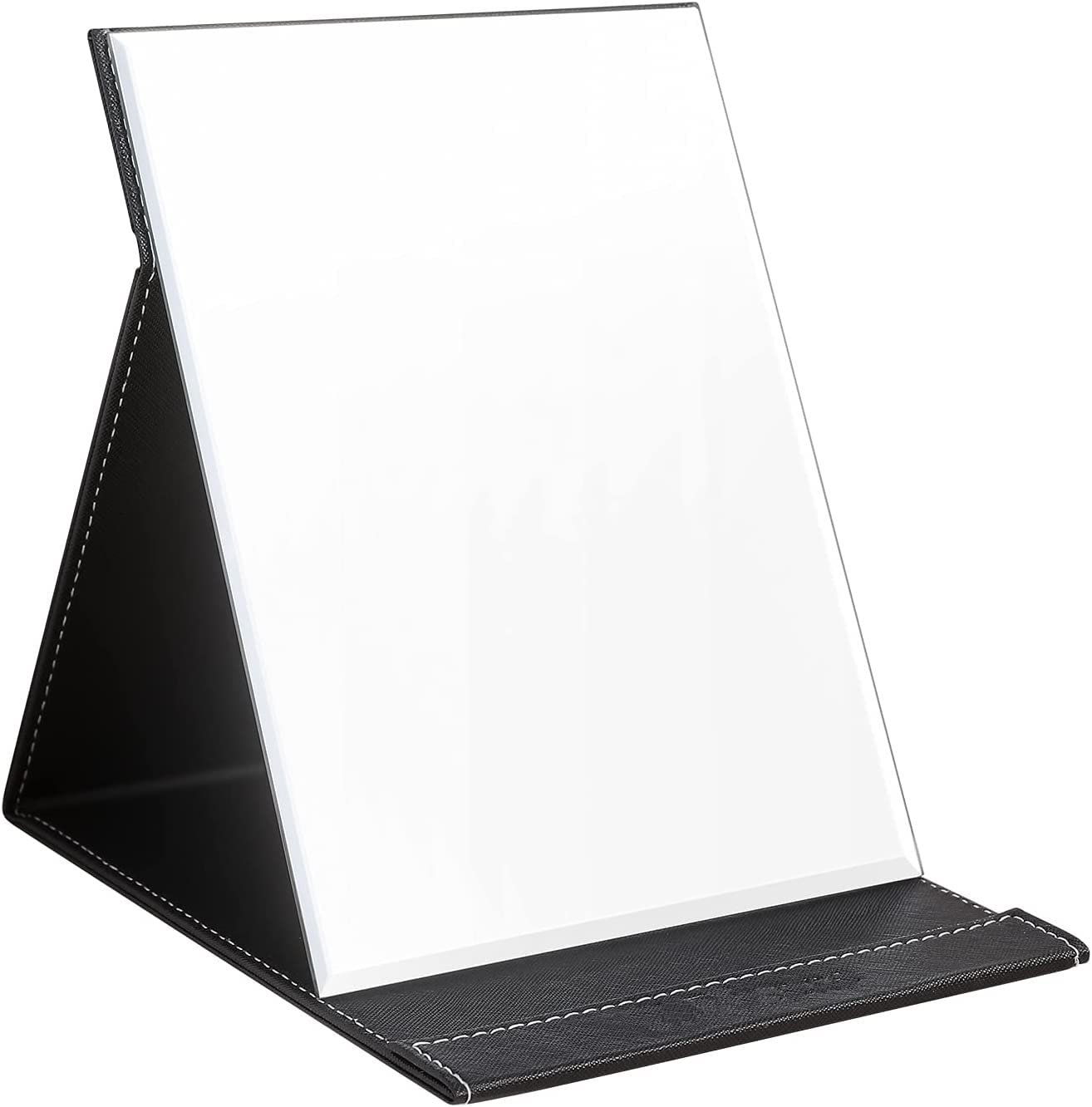 NAIDEV Hexagonal Framed Glass Makeup Mirror with PU Leather Case - Portable Folding Vanity Mirror for Travel, Home & Office - Perfect for Shaving, Makeup & Beauty Gifts (Black, Tabletop Mount)