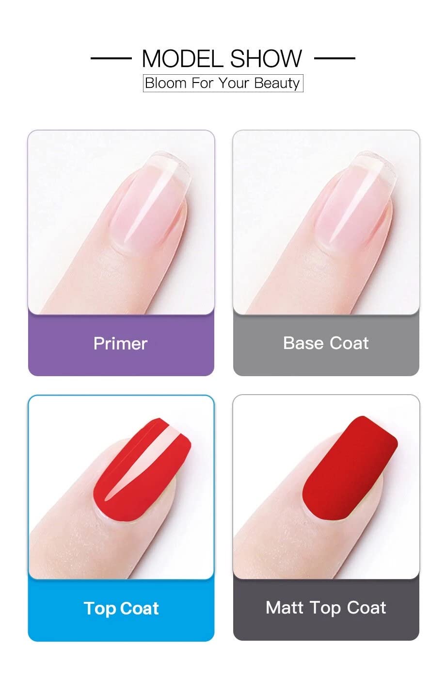 Coslifestore 4-in-1 UV Nail Polish Set - Matte Top Coat, Glossy Finish, Base Coat & Primer for Acrylic/Polygel/Gel Nails - 7.5ml Each - Perfect for Nail Extensions, DIY Manicures & Home Nail Art